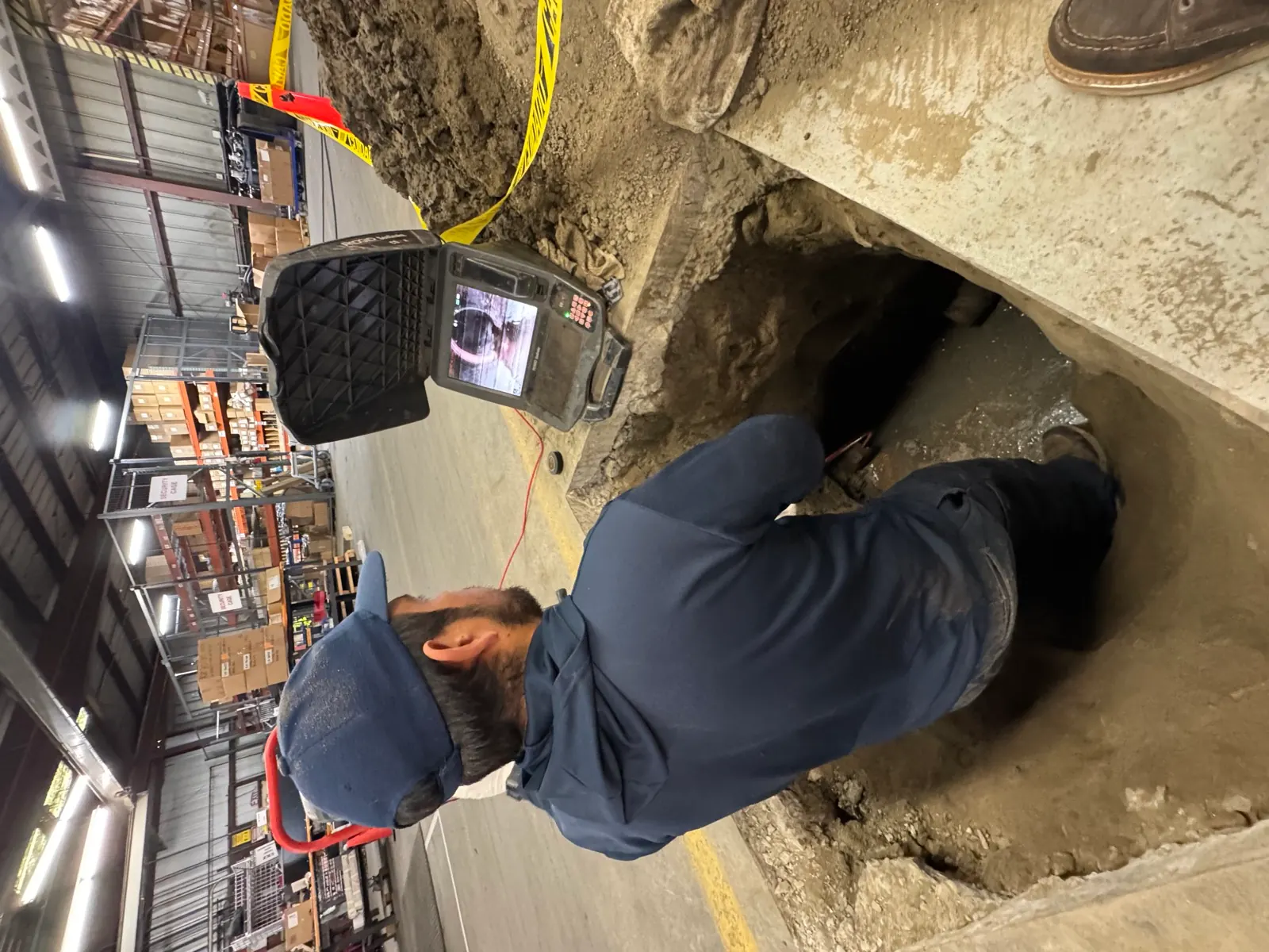 Trifecta technician reviewing a sewer camera monitor from an excavation inside a warehouse