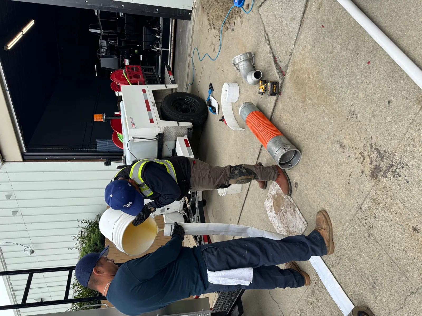 Two Trifecta technicians saturating a CIPP pipe liner with resin beside a trailer-mounted hydro jetter